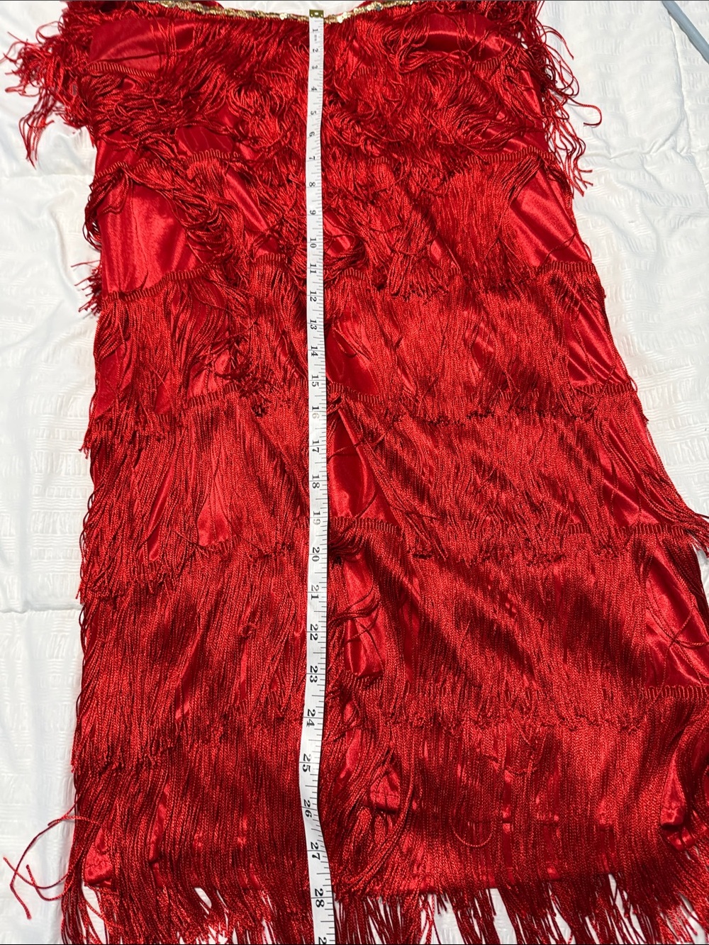 1920’s Inspired Flapper Dress Red Tiered Fringe Midi Dress with Gold Sequin trim - Picture 4 of 4